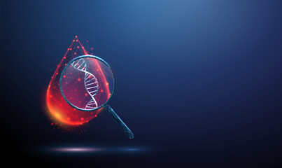 3d drop of blood under a magnifying glass with DNA helix inside. Genetic testing, pharmacogenomics, precision medicine, molecular diagnostics, personalized treatment concept.
