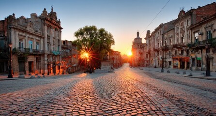 Naklejka premium Sunrise on a cobblestone street. Old buildings line the road