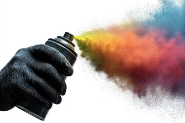 Hand in black glove holds spray can, colorful powder explosion