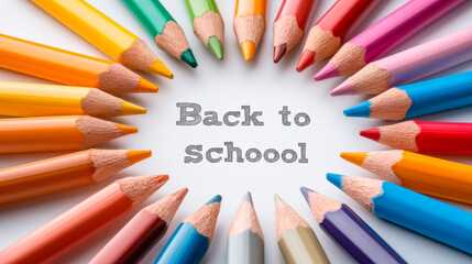 Circle of multicolored wooden pencils on white background, panoramic banner, back to school concept.