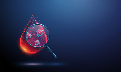 3 d drop of blood under a magnifying glass with red viruses inside. Concept of infectious diseases, pathogens, blood testing, viral diagnostics, and medical research