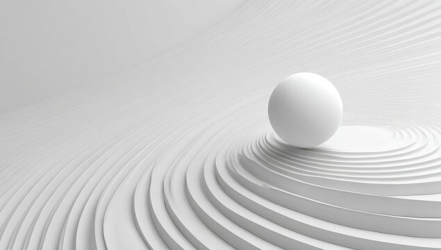 Abstract, white, geometric, 3D, composition.  A smooth, white sphere rests on a series of concentric, layered,  curved platforms
