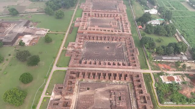 Aerial drone shot of the ancient ruins of Nalanda University in Bihar, India, UNESCO World Heritage Site and historic center of learning