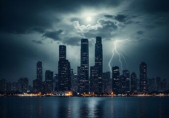City skyline under a stormy night