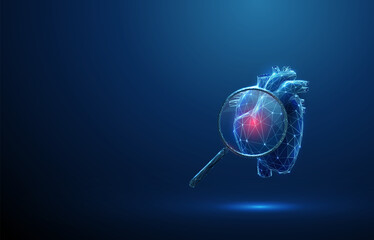 3d human heart under magnifying glass with red spot inside. Cardiac diagnostics, disease detection, inflammation identification, medical analysis concept.