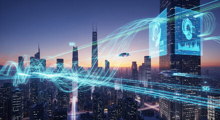 Futuristic Smart City with 5G Connectivity, AI-Driven Interfaces, and Autonomous Flying Vehicles – A Vision of Advanced Urban Infrastructure and Digital Transformation