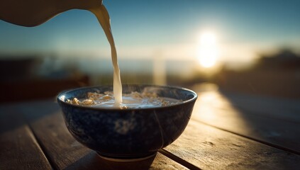Milk pouring into a bowl of oatmeal at sunset.