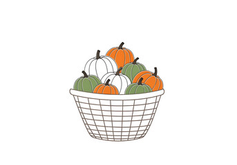 A charming illustration of a basket overflowing with various pumpkins in autumnal colors.