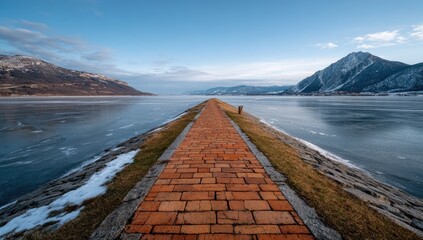 Frozen lake path to mountains