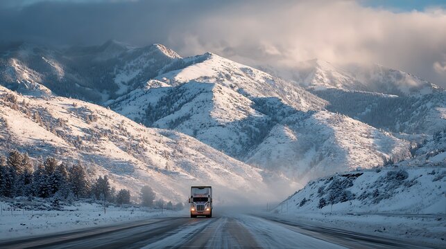 Winter journey through the snowy mountain range a semi truck driving down a snowcovered road