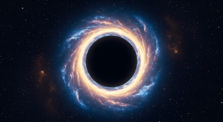 A stunning illustration of a supermassive black hole with a swirling accretion disk of glowing gas and light against a starry cosmic background
