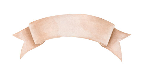 Hand painted watercolor waving banner ribbon with space for text. Flag tape in dusk pink colors. Placeholder illustration on isolated background. For labels, badges, romantic design, vintage decor.