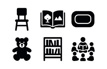 vector solid black filled icons early school years (story time): teacher chair picture book carpet mat stuffed toy bookcase reading circle.
