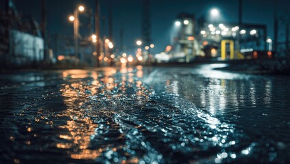 Nighttime industrial street, rain-slicked road