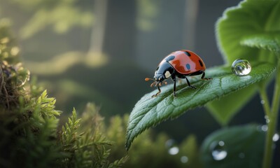 Obraz premium Ladybug on dewy leaf, forest backdrop