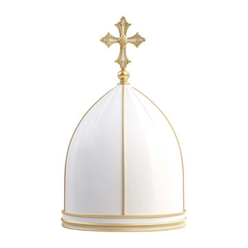 Ornate gold and white mitre with cross top symbolizing religious authority and tradition