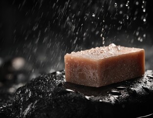 A bar of light brown soap rests on dark stones, glistening with water droplets.  Rain or water splashes are falling around it