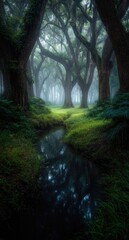 Fototapeta premium Misty forest path reflecting in a stream. Lush greenery, towering trees, and a tranquil atmosphere