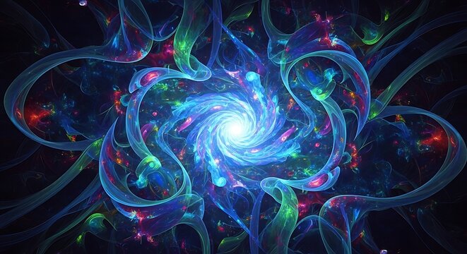 Vibrant swirling vortex of electric blue light with ethereal glowing tendrils and cosmic particles against a dark background