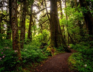 Fototapeta premium Lush forest path bathed in sunlight