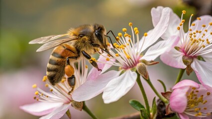 Closeup of a bee collecting nectar from a pink flower
