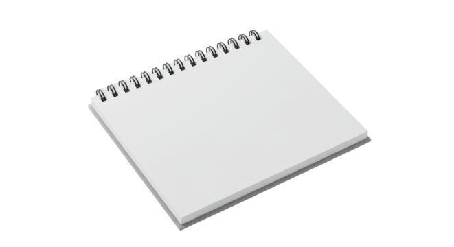Pristine, minimalist, brand-neutral spiral-bound notepad with bright white, blank pages, horizontally oriented, in a clean, bright studio with light grey background, concept of potential and new
