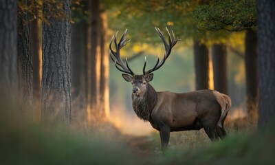 Fototapeta premium Majestic stag in autumnal forest (1)