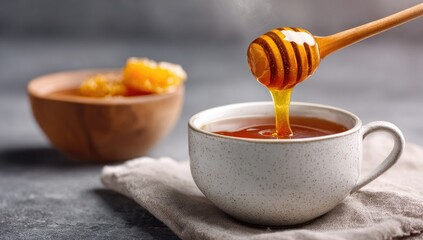 Honey dripping into a teacup.  A wooden honey dipper is pouring golden honey into a steaming white teacup.  