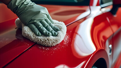 Professional polishes the paint on a red car