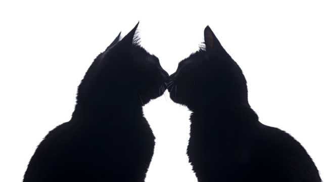 Silhouette of Two Black Cats Touching Noses Against a Transparent Background Symbolizing Affection and Companionship