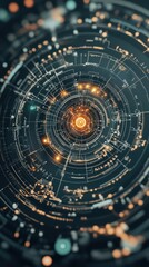 Obraz premium Glowing network circles on dark backdrop. Data streams connect in complex system. Focus is on bright digital core for global communication