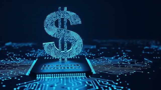 Glowing dollar symbol hovers above a microchip creating a futuristic technology financial illustration Digital money transfers are revolutionizing economic systems worldwide
