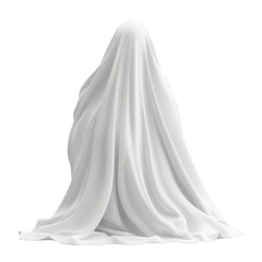 Naklejka premium White ghostly figure draped in flowing fabric on black background