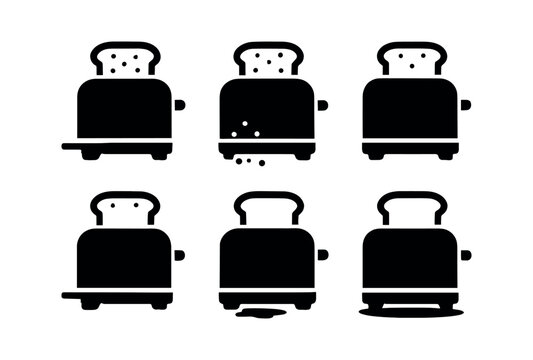 vector solid black filled icons toaster with bread (crumb tray): slide tray crumb bits tray outline slider handle shadow smear metal edge.
