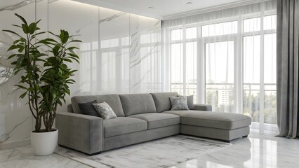 Elegant Gray Sectional Sofa with Plants in Modern Living Room Interior Design and Decor