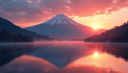 Fototapeta premium Mount Fuji reflection in calm lake during vibrant sunrise. Red pink orange sky, clouds. Misty water surface, snow-capped peak. Serene landscape, nature beauty. Japanese iconic landmark.