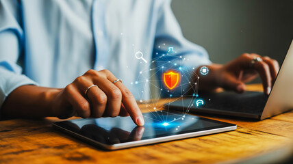 Secure digital network connection with shield icon on tablet, representing cybersecurity and data protection.