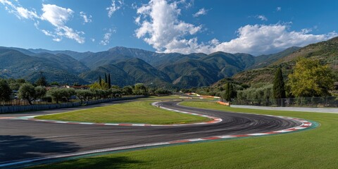 Winding race track circuit with a backdrop of mountains under a partly cloudy sky