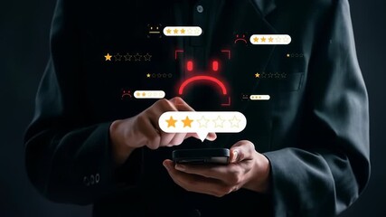 A person in a dark suit is reviewing a bad customer rating on a smartphone