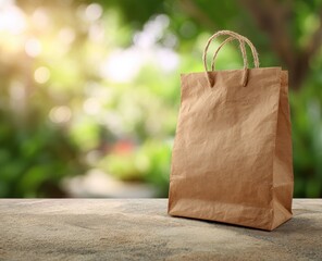 Brown paper shopping bag on a textured surface, out-of-focus natural background