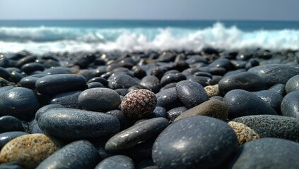 Close-up view of dark stones on a beach, with a small, speckled, light-colored object nestled among them. Ocean waves and sky visible in the background