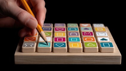 Close-up of a hand holding a pencil and marking icons on colorful wooden blocks