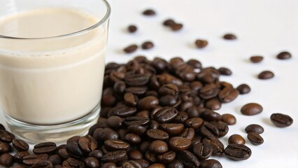 A glass of milk surrounded by coffee beans