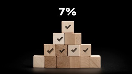 Obraz premium Wooden blocks stacked in a pyramid shape, displaying a 7% percentage symbol. Each block has a check mark icon