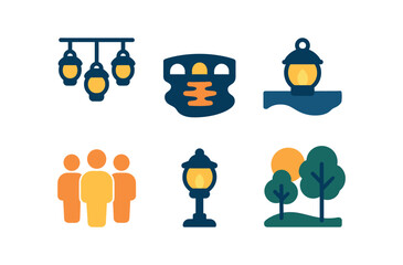 vector colorful filled icons evening lantern walk (river path): hanging lanterns reflection in water bridge crowd warm glow trees.