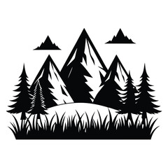 Obraz premium Black and White Mountain Landscape Featuring Pine Trees and Tall Grass Illustration Style