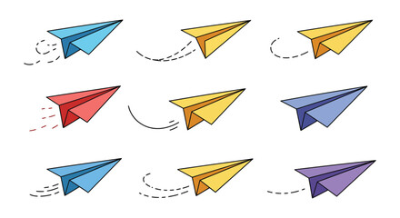 Colorful paper airplanes flying in different directions on white background