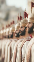 Fototapeta premium A legion of Roman soldiers stands in formation, their ornate helmets and tunics gleaming in the sunlight