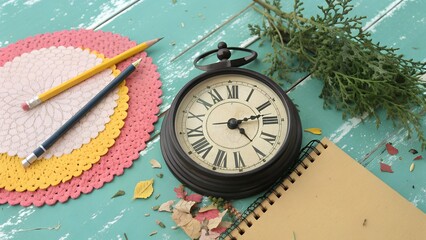 Antique clock and stationery on a wooden table with floral placemats
