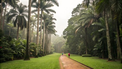 Pathway lined with palm trees and lush greenery in a tropical park